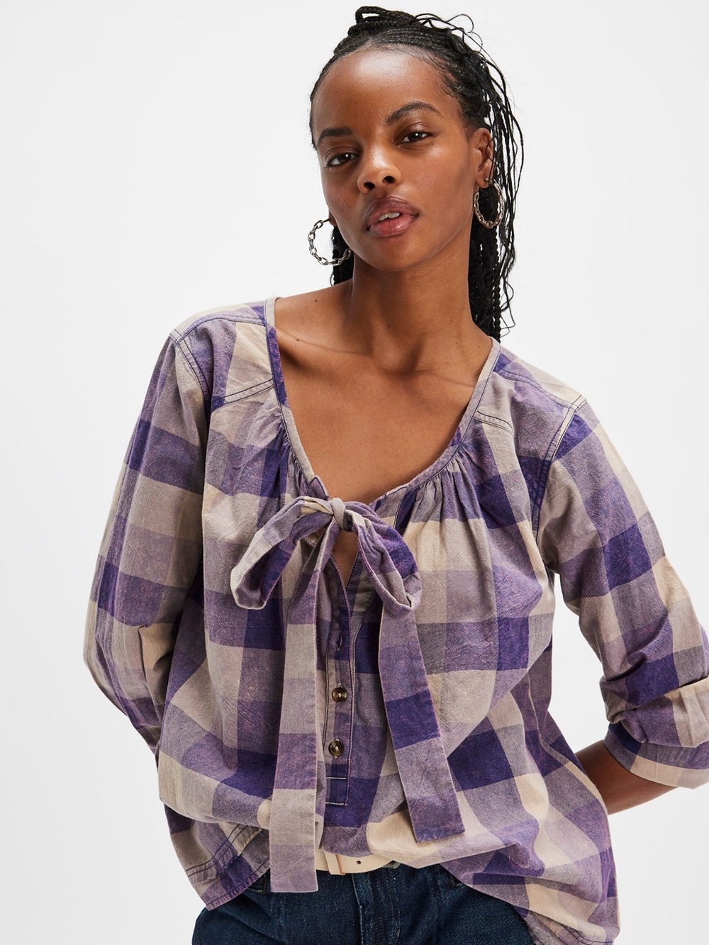We The Free Plaid Tie-Front Skirt in Purple and Cream
